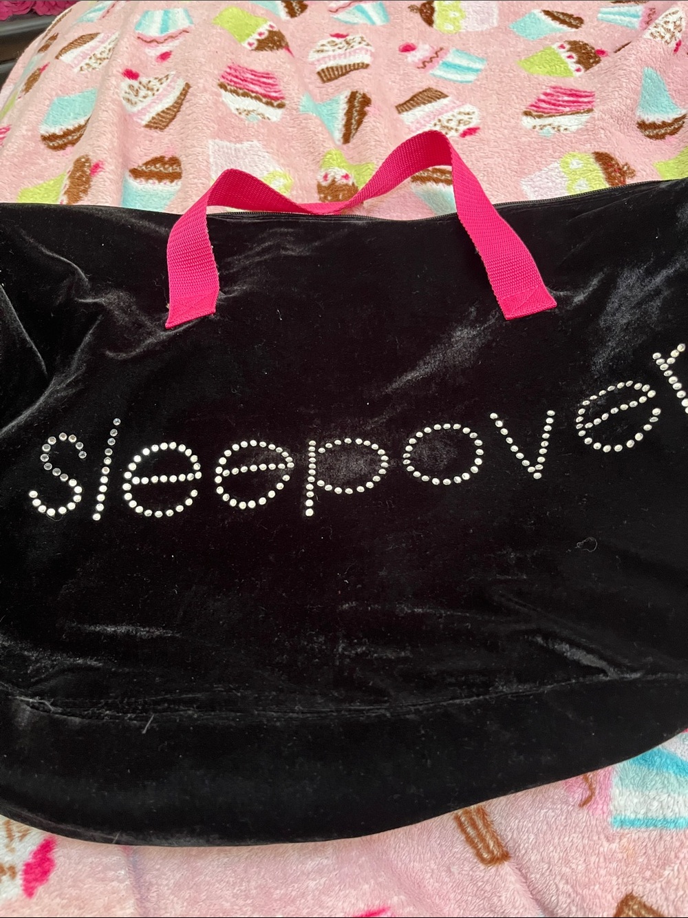 Black Velvet 'Sleepover' Tote with Pink Handles